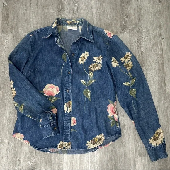 Liz Claiborne Lizwear Jeans Vintage Y2K Denim Floral Button Down - Picture 1 of 10
